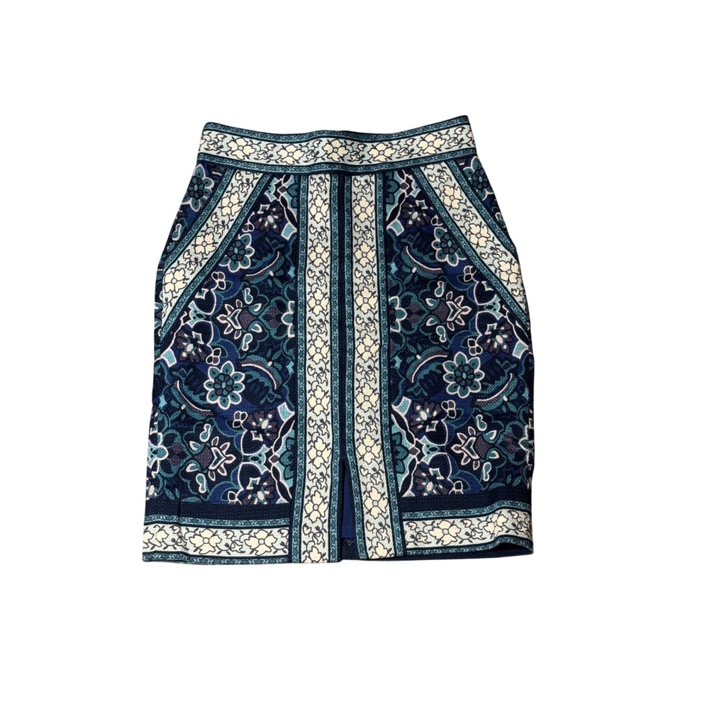 Ann Taylor LOFT Petites Blue Floral Mosaic Print Pencil Skirt Size 0P Cotton